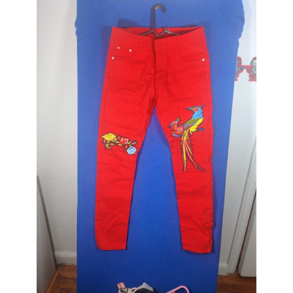 Bie Pa Paris Red Denim Jeans Women's Size 33 Embroidered Phoenix Floral Slim - Picture 14 of 15